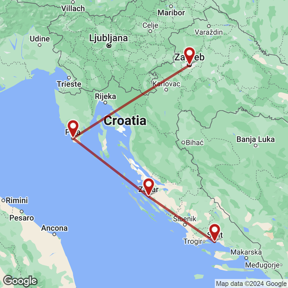 Route for Zagreb, Pula, Zadar, Split tour